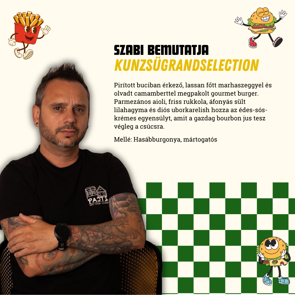 Portrait of a tattooed man on the left with a bold Hungarian title and recipe paragraph on a cream background.